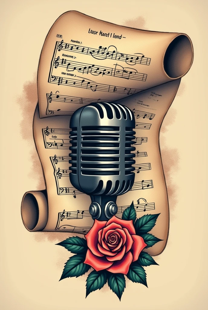 music tattoo: sheet music rolled up on vintage microphone (shure55sh series) and a rose below