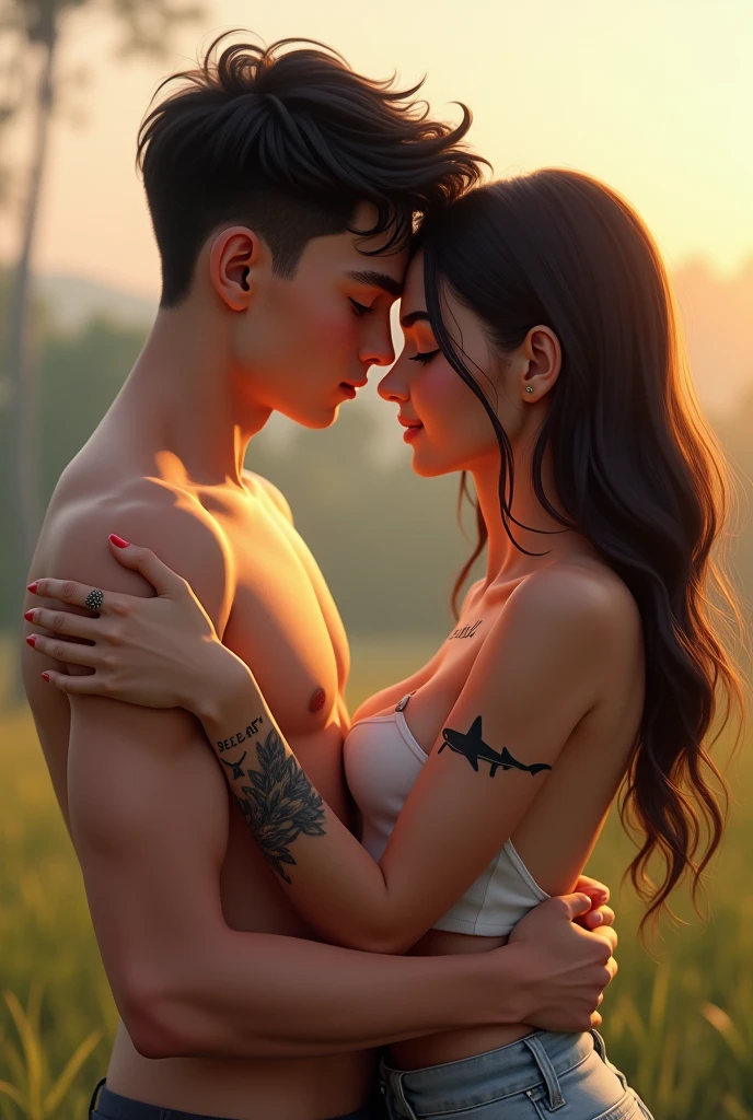 A boy and a girl hugging as a couple, The boy with a tattoo that says “Bell” in cursive and the girl with a tattoo of a shark in black 