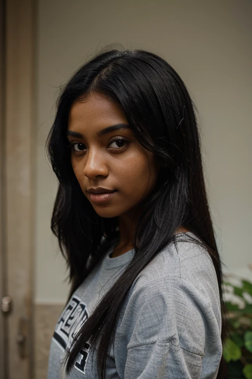 Young woman with black straight hair and dark skin looking to the side