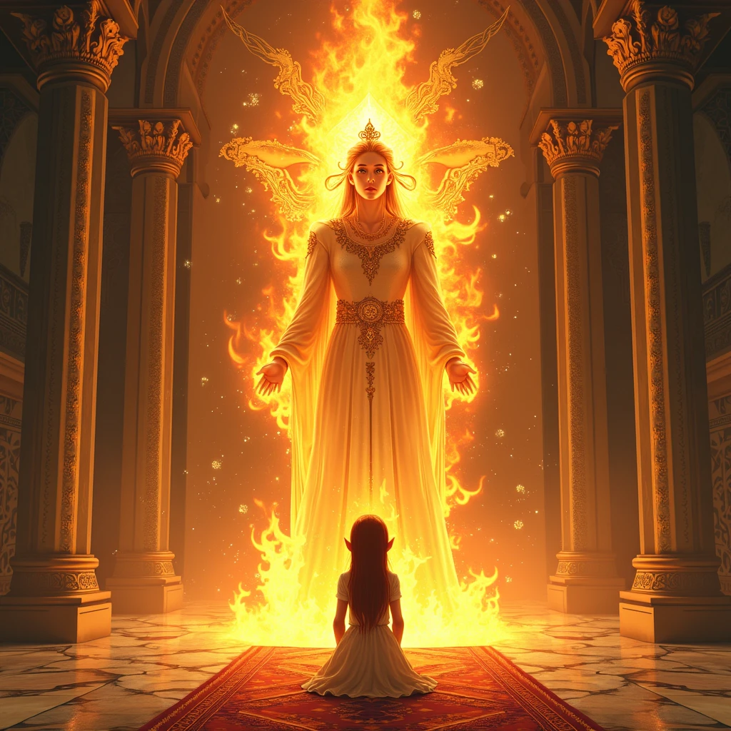 The Iranian girl who is kneeling in front of the beautiful god of fire and looking at her 