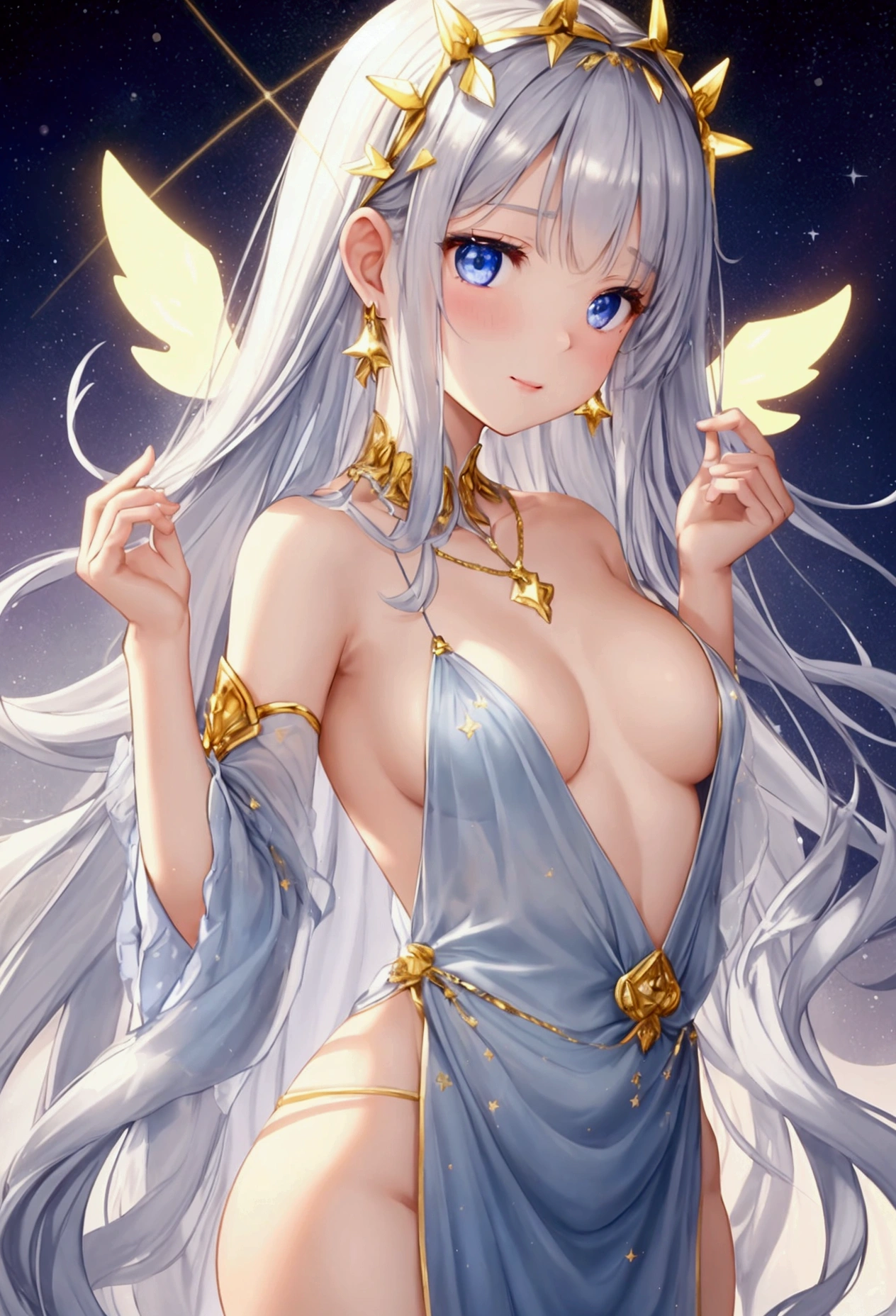 sexy anime girl of average height, with a slender and elegant complexion. long wavy hair, of a silver color with golden reflections that seem to shine softly, as if capturing the light of the stars. Her hair falls in cascades to her waist and has a slight sheen that surrounds her in a soft halo.. Her face is fine and delicate, with pale skin that reflects light naturally, giving it an ethereal glow. She has large, deep blue almond-shaped eyes., with golden flecks that look like little stars.  calm and serene expression. Her lips are a soft pink hue, with a slightly curved shape that suggests a constant and peaceful smile. Her deep blue eyes have flecks of gold. She wears a long, flowing dress made of a fabric that appears to be made of starlight.. The dress is a light blue shade that fades into silver at the edges., decorated with small stars and constellations that seem to shine and move slightly. The neckline is subtly heart-shaped., adorned with small crystals that reflect the light. Wear a simple yet elegant necklace with a star-shaped pendant that seems to shine with its own light.. Their ears have earrings in the shape of small constellations.. On his forehead, She wears a delicate headband, adorned with a single star-shaped crystal that is placed right in the center. It has huge wings of pure light, translucent and ethereal. They have a soft golden outline and emit a soft glow that illuminates their surroundings without dazzling.. Her skin is soft and ivory-colored, reflecting light as if it were slightly illuminated from within..