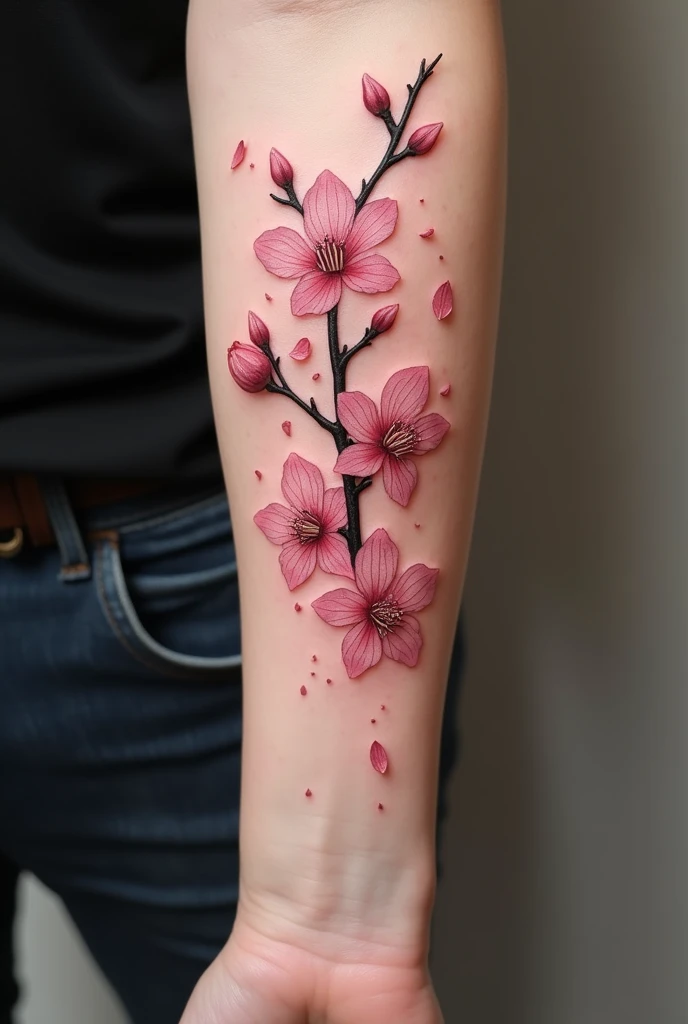 "Japanese cherry blossom branch, forearm tattoo, realistic style, falling petals, sans bourgeon, descending sense"