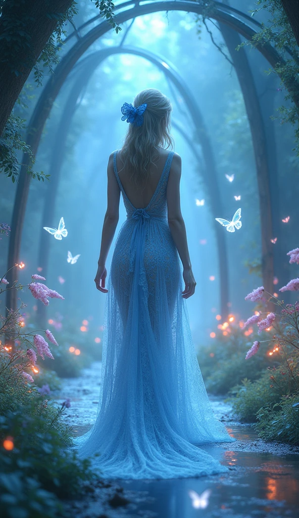 A fantasy woman in a glowing light blue lace dress in a m as gical tunnel that is clear glass, she can see glowing flowers and butterflies through the tunnel glass, fantasy, beautiful, realistic, photoreal, finely detailed