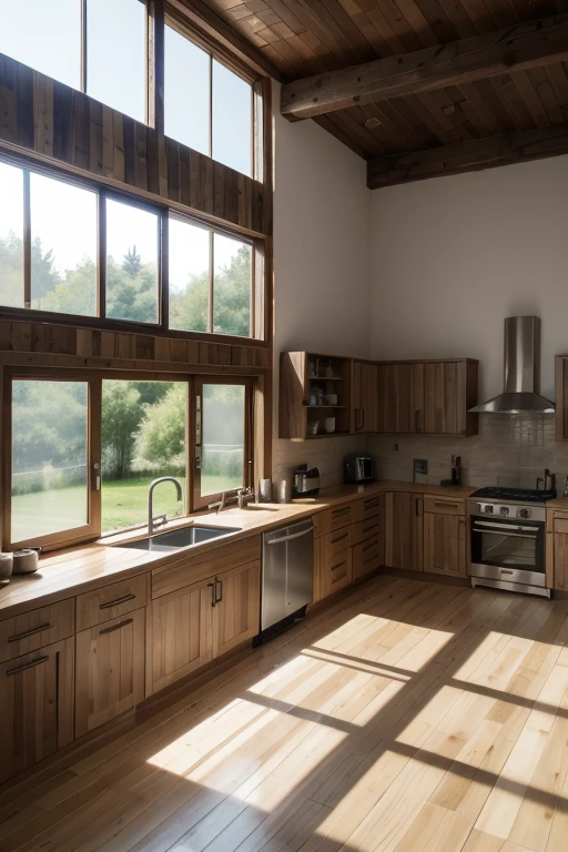 modern and rustic residential house, good cost benefit. rendered image, realisitic. Wooden doors and large windows. hall, kitchen, integrated hatar room. General image of the house, put lining.