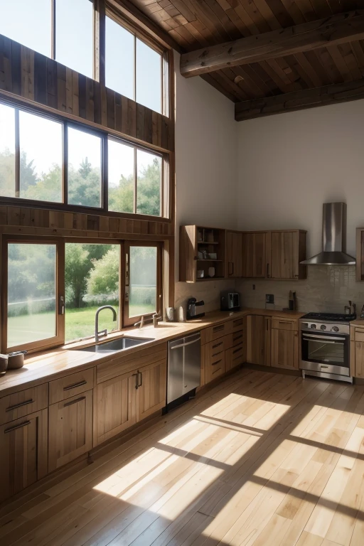 modern and rustic residential house, good cost benefit. rendered image, realisitic. Wooden doors and large windows. hall, kitchen, integrated hatar room. General image of the house, put lining.