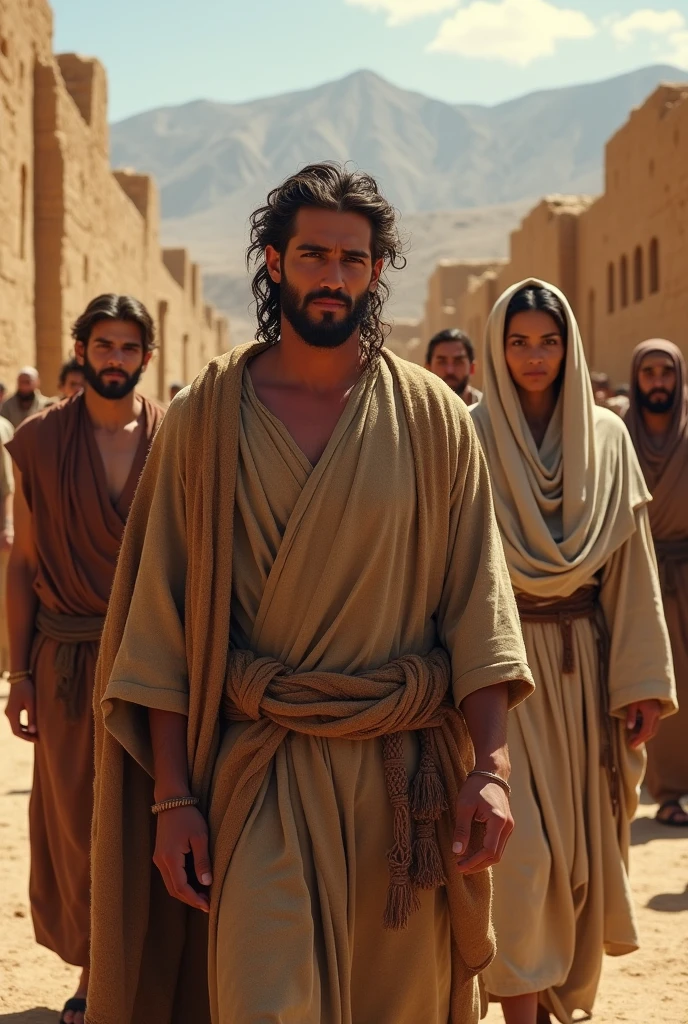 Generate realistic images of 3 men and 3 women in coarse tunics in the city of Moab that are based on the story of Ruth. All the characters must be good-looking.