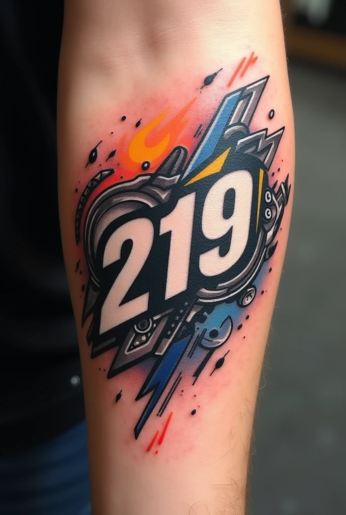 Simplified tattoo number 219 in a mechanical racing style with speed effect for forearm