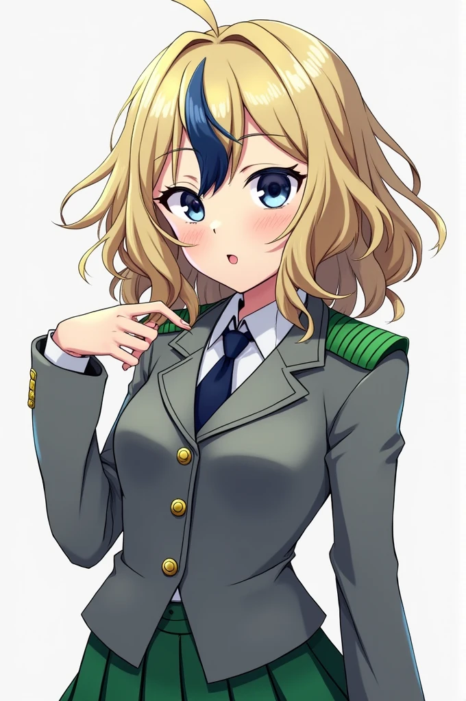 A girl with the animation style of the anime boku no hero academia, She wears a grey blazer with green shoulder pads and a green pleated skirt. , She has wavy hair with a light blonde side bang with a dark blue streak in her bangs. , He has light blue eyes