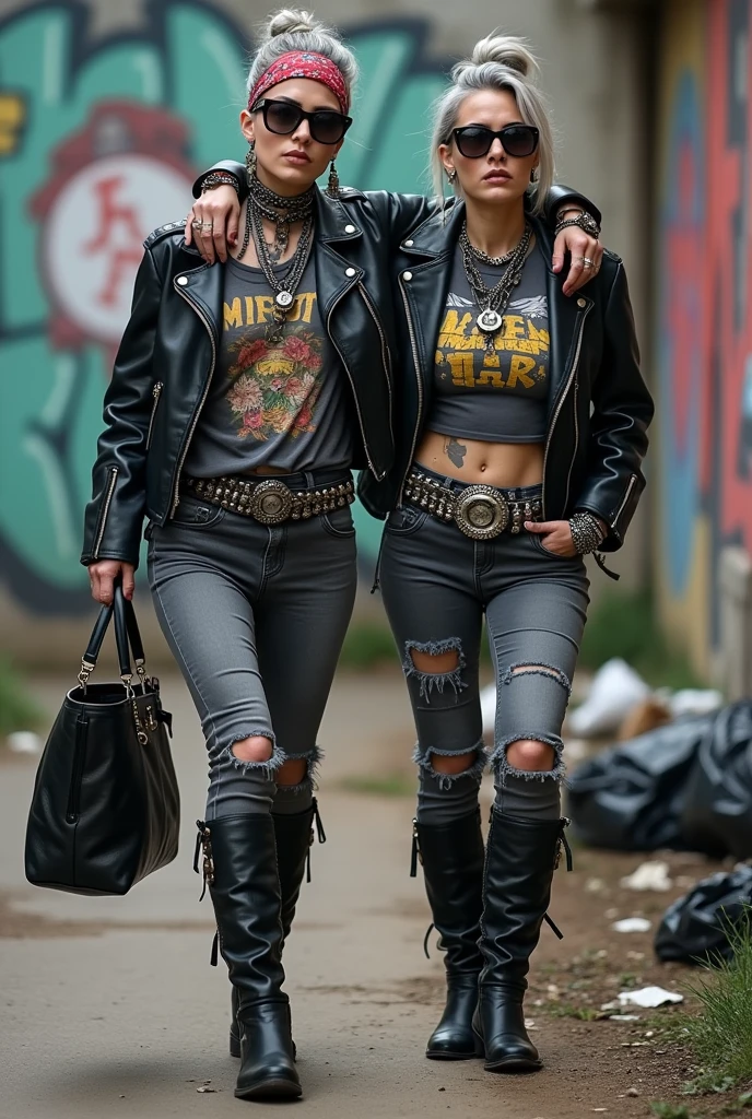Two russian milf women, one with the arm over the shoulder of the other. grey hair (one: bouffant, top bun. The other, straight and middle part}and one wearing oversized square sunglasses and wide colourful bandana as headband), with very light green eyes, extremely pale. Big lips. No tan. Wearing aged black moto jacket (zippers on the side, skull and bones pins). Both: different old worn grey t-shirt with rock band logo. Both,, dark skinny low rise grey jeans with holes on knees ( patched with colourful fabric). Both:, dark grey worn jeans {with holes on knees) tucked in black leather knee high boots. . Lots of thick wide studded bracelets, chain collars and big rings. Both, high boots. Tacky wide studded leather belt with big skull and bones oval buckle. Long earrings with chains and feathers. Walking with hands in pockets, stretching her neck, craving., Neck, chest, stomach and wrists heavily tattoed. Toned abdominals, thin neck, slim legs and thin arms. Narrow hips and slim legs. Black leather studded tote bags. Graffitied wall behind, waste on the groun and piled garbage bags around.