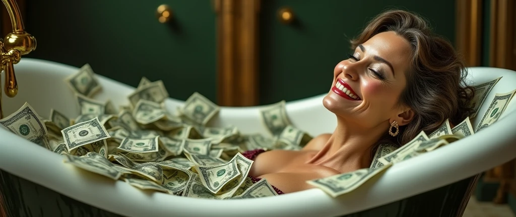 A sultry senior siren reclines in a grandiose tub, surrounded by a sea of crinkled green currency, her radiant smile radiating mischief as she luxuriates amidst the luxurious, cold-dollar-filled bath. The camera captures her profile from a straight-on angle, emphasizing the opulent setting and her statuesque beauty.