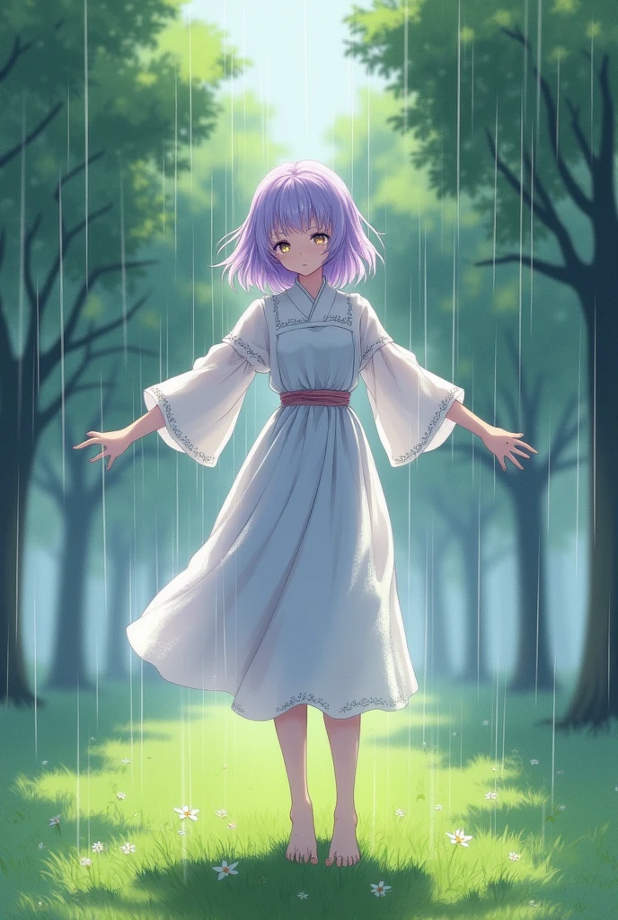 A beautiful Japanese woman with fluffy pale purple hair. She have light grey eyes and freckles. She stand arms spread open in the middle of a rainy park in the grass