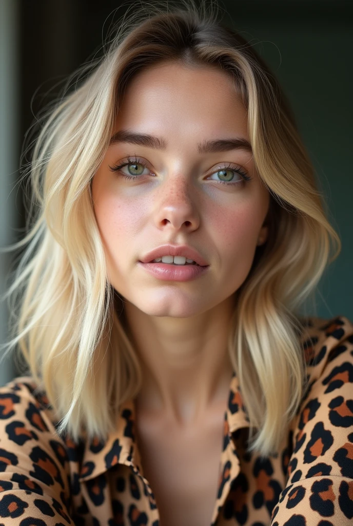 ((best quality)), ((masterpiece)), (detailed), 1 girl, woman; realistic; leopard shirt; blond hair; green eyes; close up; 20 years old ; ultra realistic; real woman; phone picture: instagram picture 