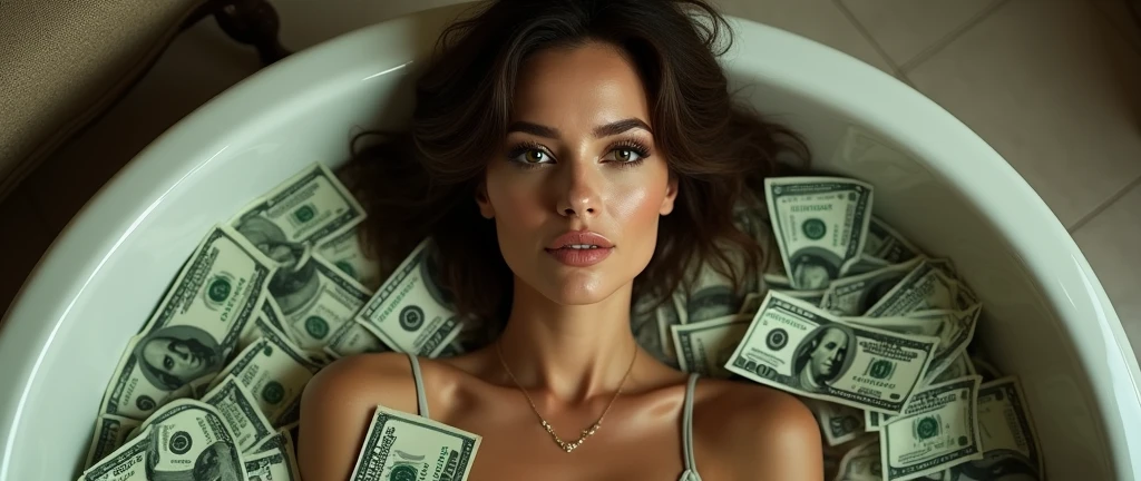A sultry mature woman lounges in a grandiose bathtub overflowing with crisp green dollar bills, her alluring gaze and luscious locks captivating the viewer as she basks in the abundance. The direct overhead shot emphasizes her radiant presence, the soft lighting highlighting the subtle curves of her body as she luxuriates amidst the sea of currency.