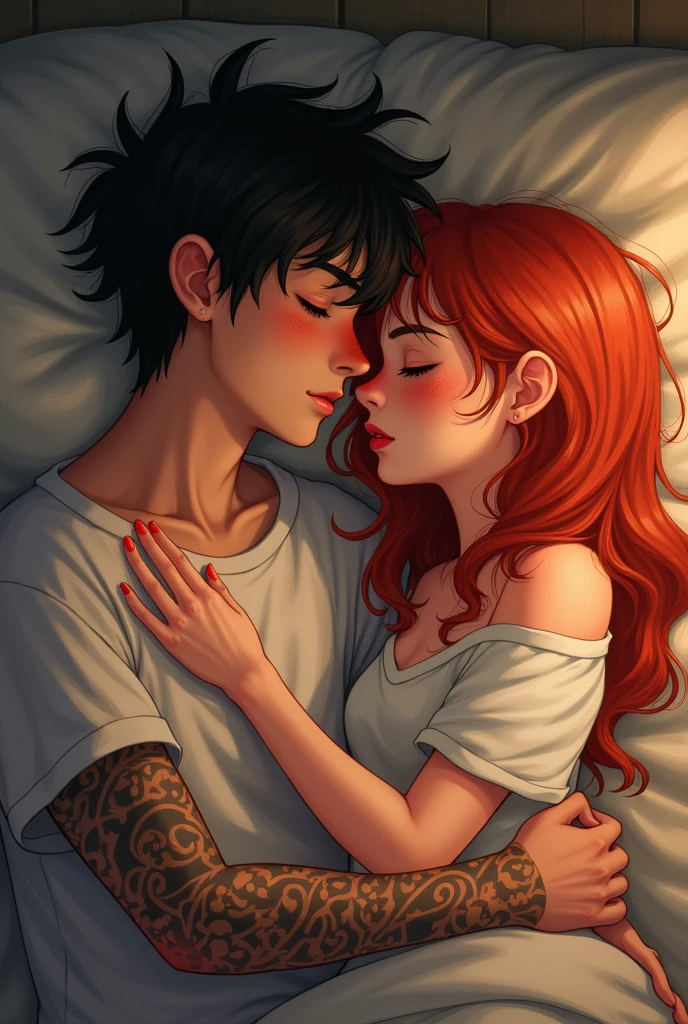 Two agers lying on a couch hugging each other sleeping, a redhead girl with freckles,She's a little blushed and has one hand on the boy's chest and the boy has his arms full of tattoos and messy black hair he has a red nose and has his hand on her waist