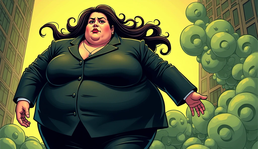 beautiful long haired morbidly obese female mob boss, her outfit is a black mobster suit, she is farting and a smelly olive green gas cloud comes out of her butt, comic artstyle
