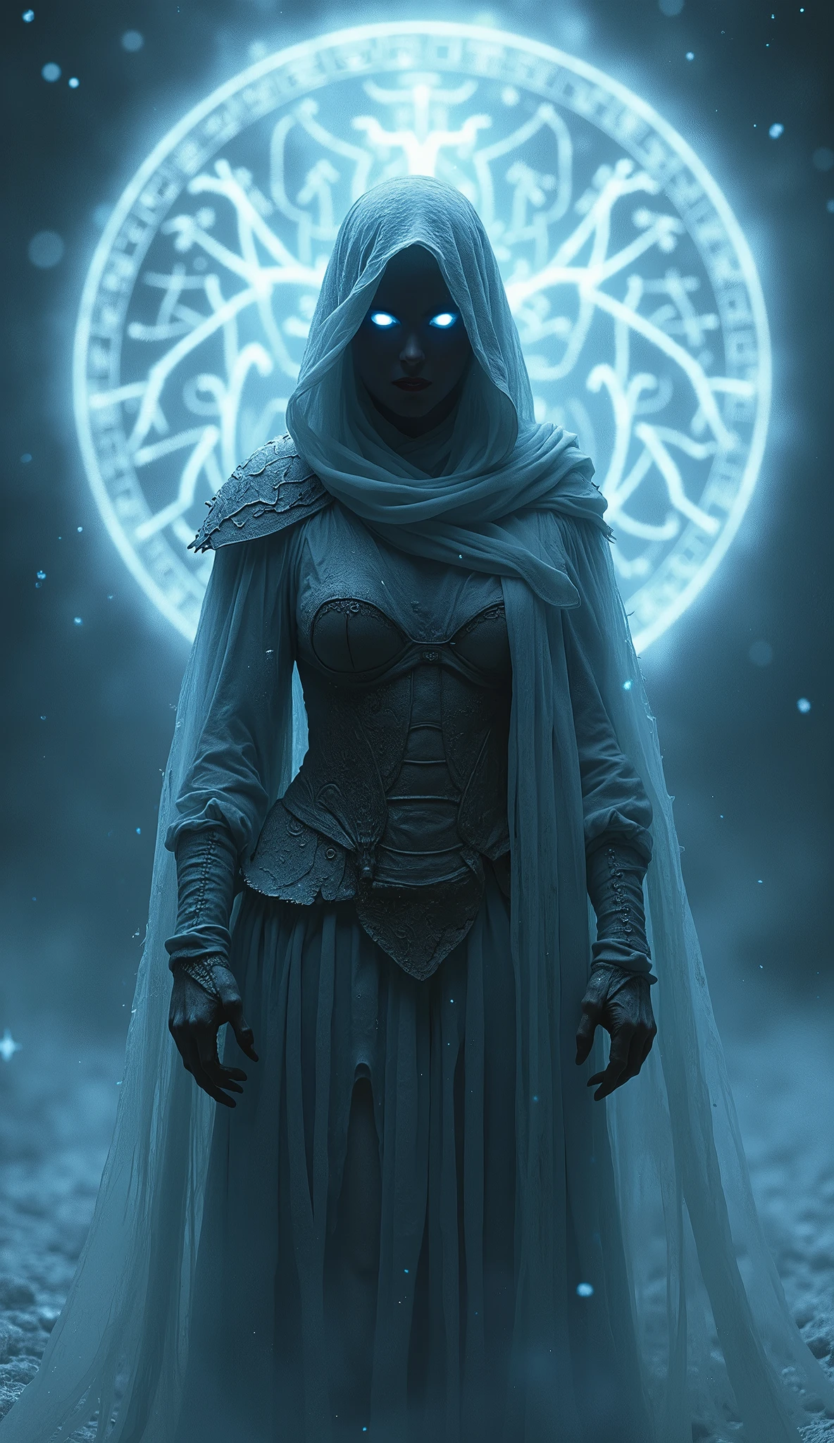 A ghostly female silhouette. Messenger of Ice God. Undead . Screaming.frozen armor. Cracked armor. Canvas hood. Runic circle. Elements. Ice from inside. Glowing eyes. Bokeh blur. ral-dissolve. photorealistic, BadDream