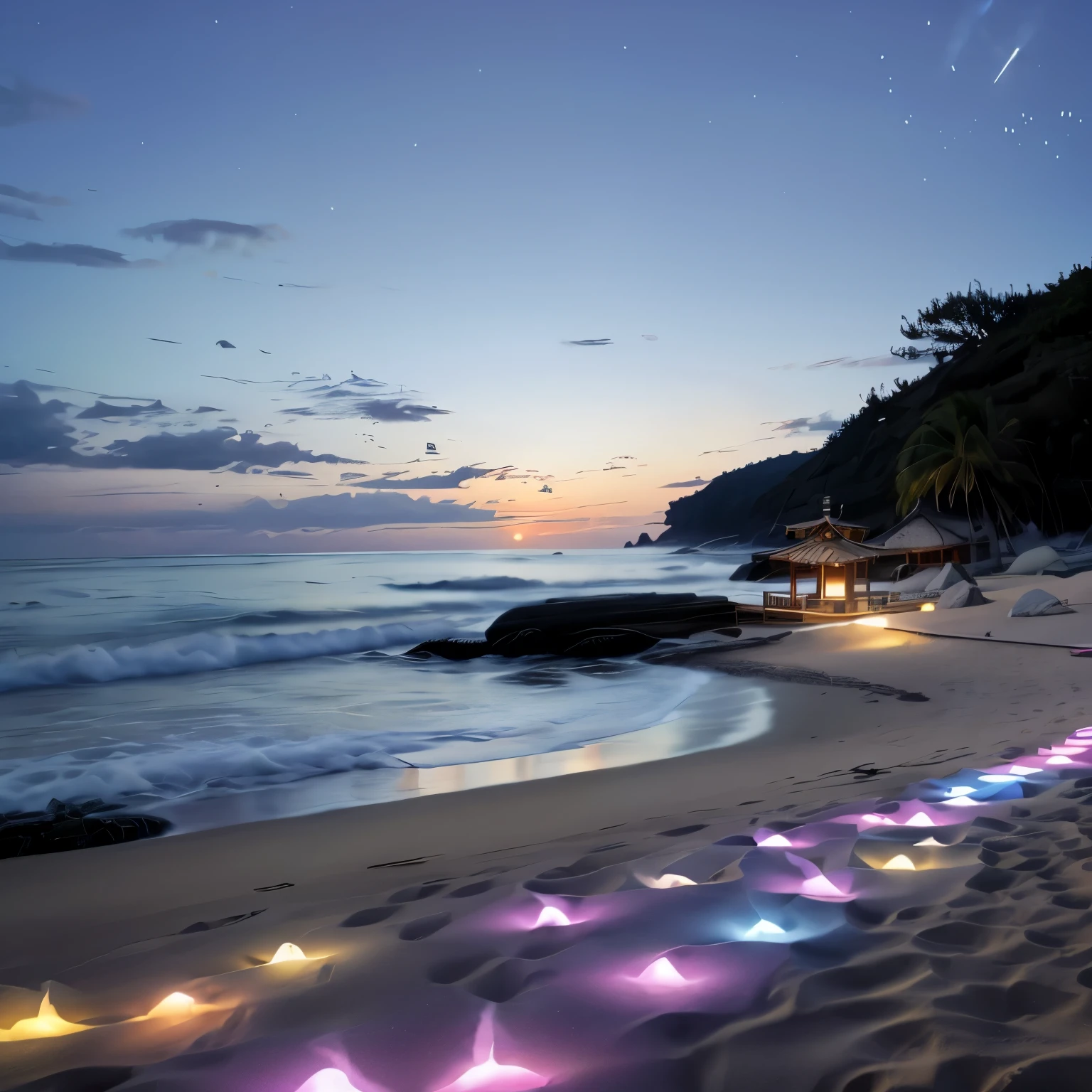 Beach at night、Starry Sky、Heart on the beach、heart、White stone、White stoneで囲ったheart、light up、Neon color、Gradation、 Lens flare, colorful, High resolution, 8k, Beach、vivid、Palm tree、Real、Rear Stick、photograph、masterpiece、mysterious、Clearly light and dark、