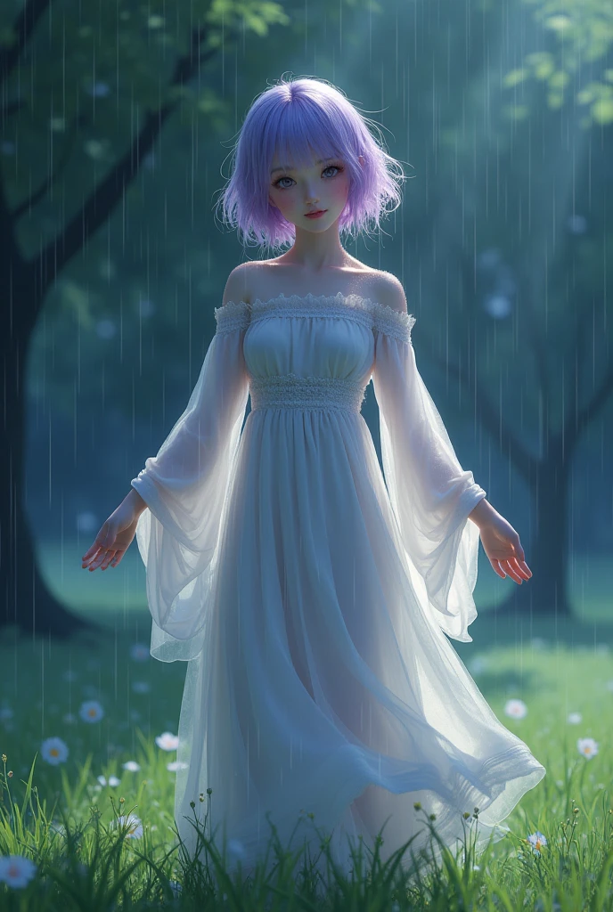 A beautiful Japanese woman with fluffy pale purple hair. She have light grey eyes and freckles. She stand arms spread open in the middle of a rainy park in the grass at night. Realistic