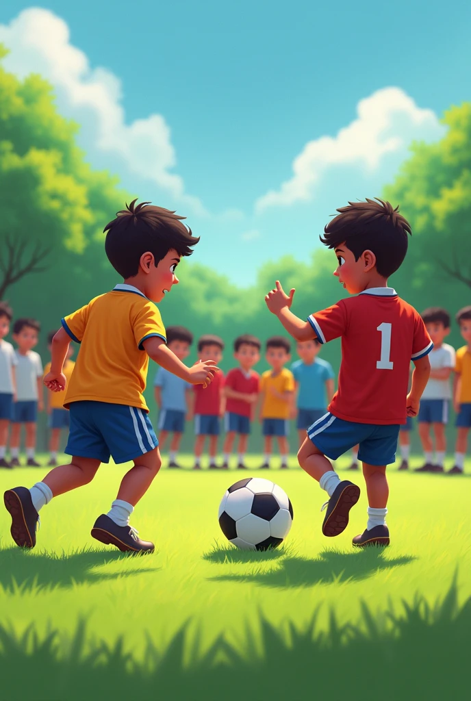 The draw is ten black and white boys together side by side. They are on line. In front of them there are two boys. One of the boys is trying to hit one of the ten boys with a soccer ball. Please I need a colorful draw