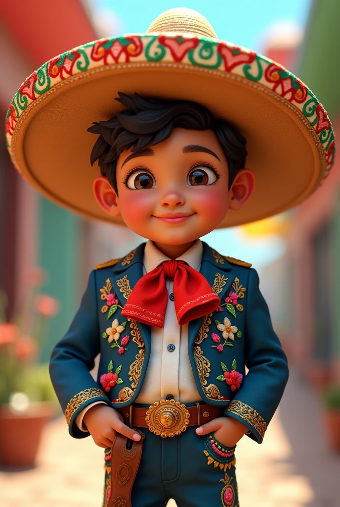 Generate a cute child who is dressed as a mariachi and in the image the name appears: Esteban