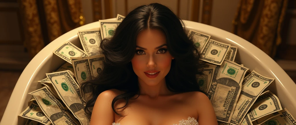 Golden Hour Glamour: A ravishing mature woman, her raven tresses cascading down her back like night's dark veil, reclines luxuriously in a majestic tub, its waters replaced by a mountainous pile of crisp dollar bills. Her devilish smile gleams with mischief as she basks in the warm glow of overhead lighting, the framing from directly above emphasizing her curvaceous figure and radiant beauty.