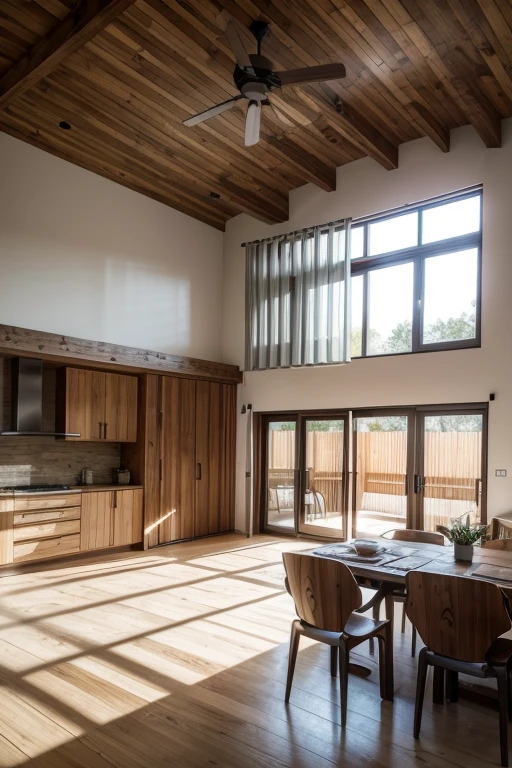 modern and rustic residential house with ceiling, good cost benefit. rendered image, realisitic. Wooden doors and large windows. show: hall, kitchen, integrated hatar room. General image of the house.