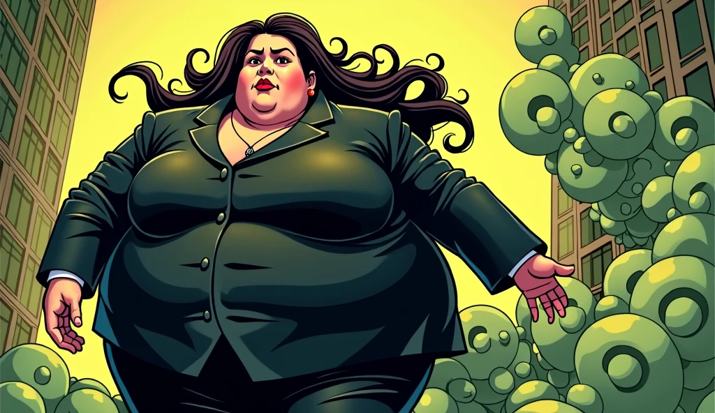beautiful long haired morbidly obese female mob boss, her outfit is a black mobster suit, she is farting and a smelly olive green gas cloud comes out of her butt, comic artstyle