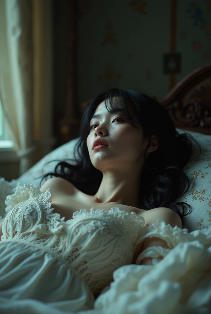 Gothic-style photograph of a French woman reclining with pale skin and elegant features, evoking the dreaming sensibilities of Aya Takano and the surrealism of Royo and Giger, captured in sharp focus against depth of field, Fujicolor C200 inspired color palette, unreal engine detailed texture, ideal composition, digital art on platforms like Pixiv Fanbox and Artstation, 8K resolution, HDR quality