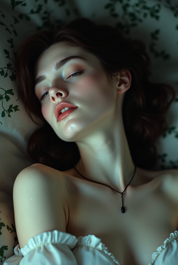 Gothic-style photograph of a French woman reclining with pale skin and elegant features, evoking the dreaming sensibilities of Aya Takano and the surrealism of Royo and Giger, captured in sharp focus against depth of field, Fujicolor C200 inspired color palette, unreal engine detailed texture, ideal composition, digital art on platforms like Pixiv Fanbox and Artstation, 8K resolution, HDR quality