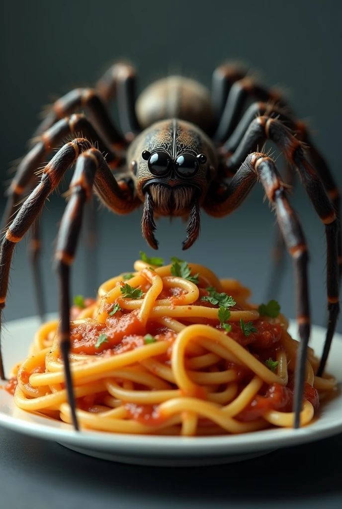 in 8k a pasta with a spider looking at it with an evil face


