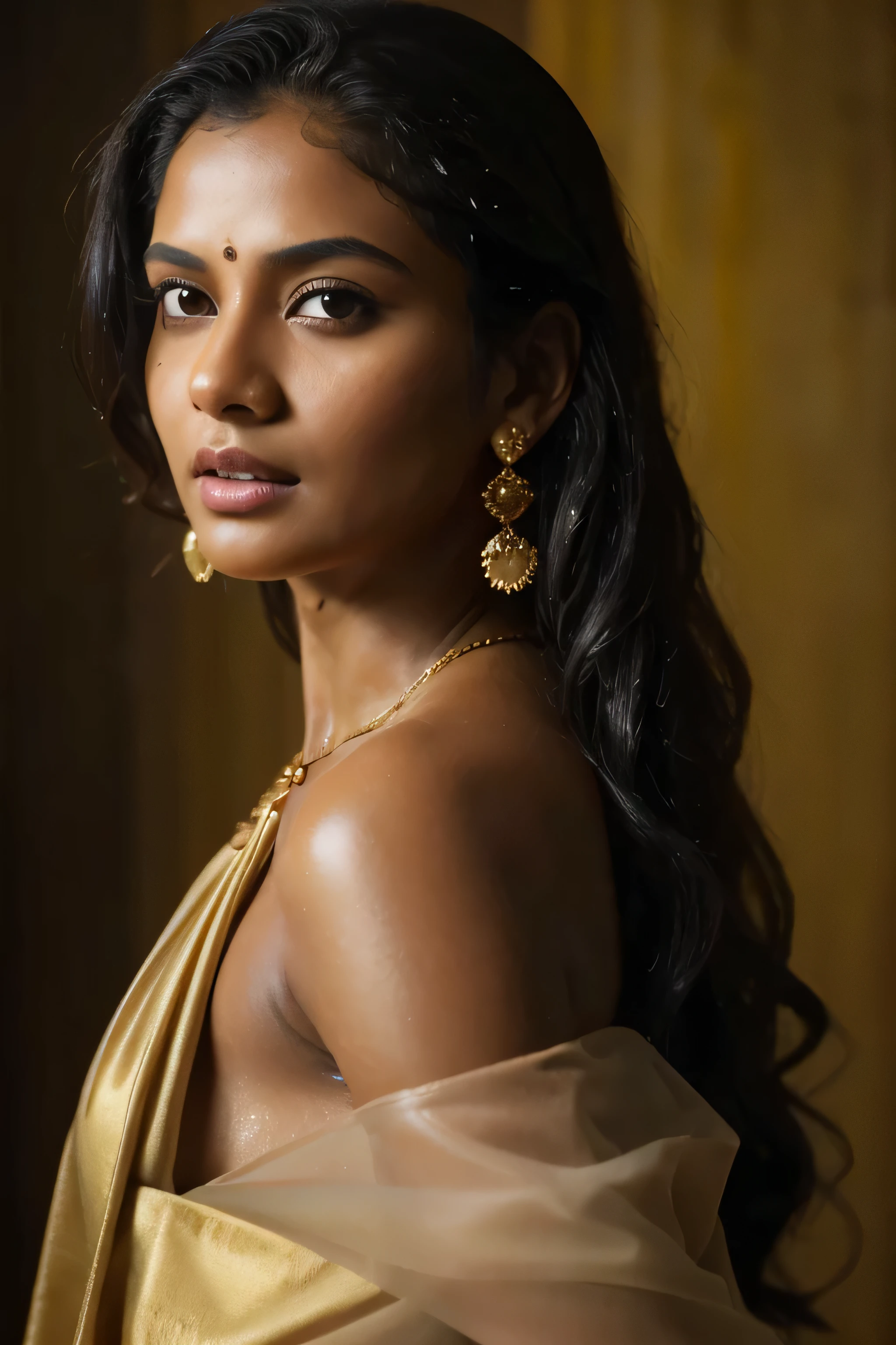 black wet indian women, bakless, gold border blouse, gold necklecs, black padded bra visible, goddess Buffy's with curly hair short hair, in the shwer room(A masterpiece of impressionist close-up photography), Wet dress raining drop tits, fair dark skin, Attractive and sexy curvaceous Indian women, shower room, (wearing precious jewelry:1.4), ,(beautiful and fine eyes:1.1) , (Passionate expression:1.2), round ass, Intense dramatic lighting, wet rain, wood、bushes、flower、Bokeh, with backlight, light, very detailed, Trending with ArtStation, paint splashes, rich colors, F Written by kernel