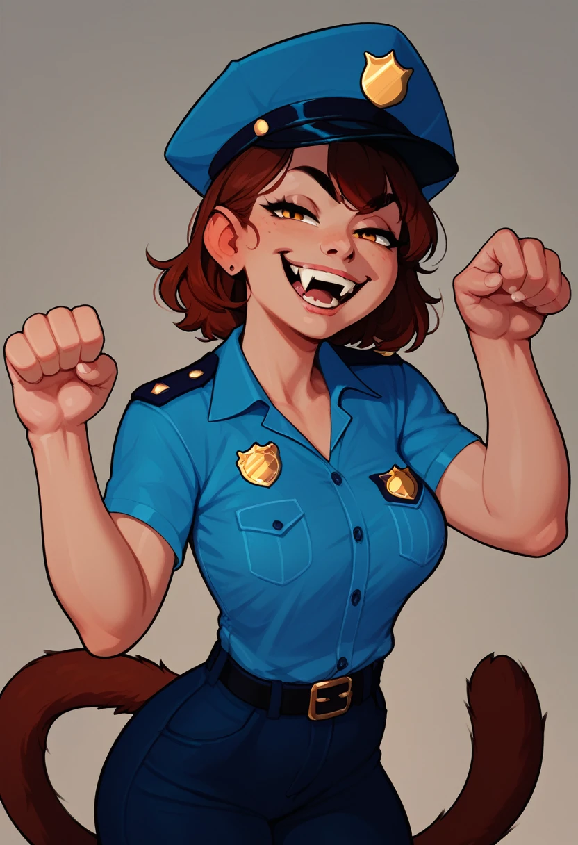 score_5_up,score_6_up,score_7_up,
a cat_girl police officer sleeping, paw pose, tail, smug, fangs