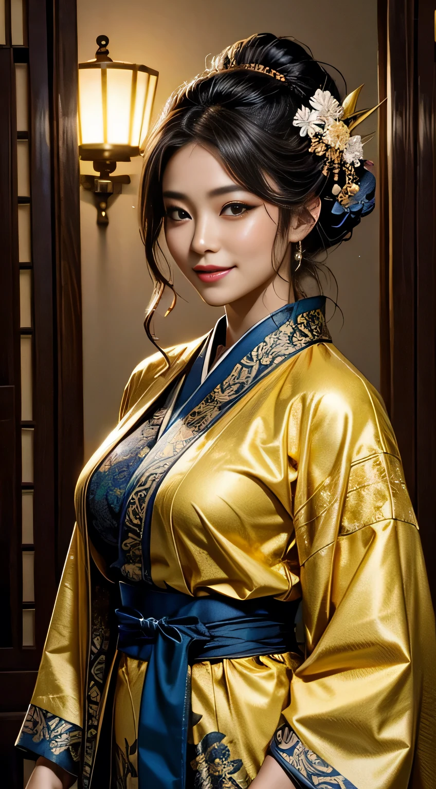 sfw, Beautiful Asian woman with a flirtatious smile, Super busty Ronin wearing a gold lace kimono, Meiji Restoration, blue eyes, focused on the audience, Jimbo's, cleavage, Drop your shoulders, hd, Uhd, WLOP, art germ, braided hairstyles, big anime eyes, realistic eyes, very detailed目, natural skin, natural skin texture, Scattered beneath the surface, calm colors, skin pores, perfect face, perfect eyes, perfect lips, supple female form, Brilliant, cinematic, film light, very detailed, surreal, masterpiece, in the atmosphere, High resolution, lively, high contrast, dark angle, 8k, hdR, 500 pixels, view from above, half body portrait, wearing bra,((skinny waist)), young asian girl, ((big breasted)),