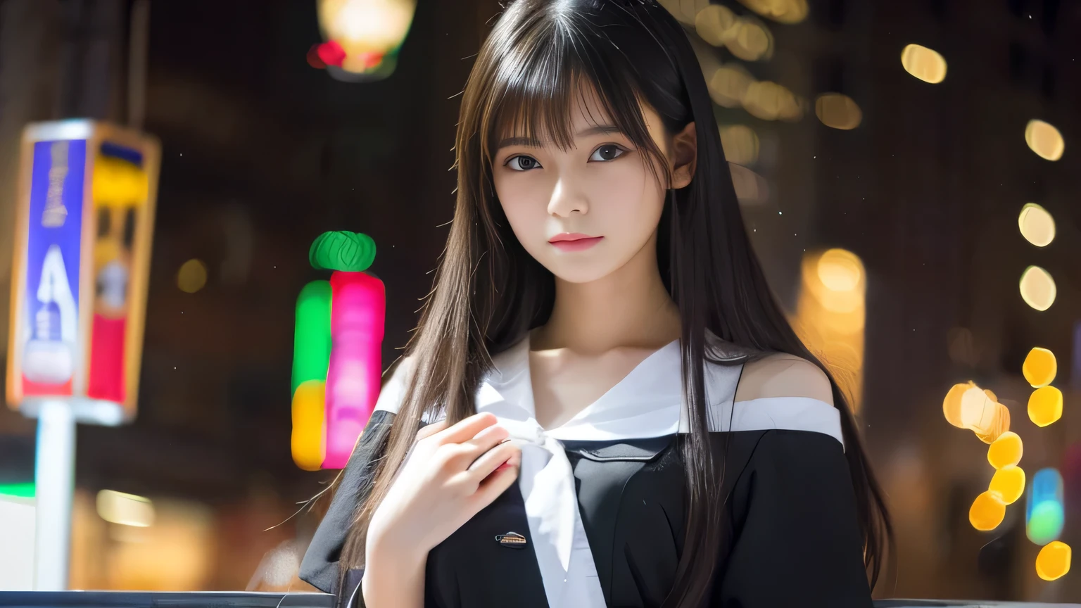 Highest quality,4K,8k,High resolution,masterpiece:1.2,Very detailed,A girl exuding fatigue,long, flowing black hair,Delicate features,Thinking eyes,White skin,Happy expression,Great atmosphere,Wearing a uniform、Gazing into the distance,,Romantic atmosphere、Roppongi Nightlife、Above-the-waist display、Ample breasts、Real Beauty、