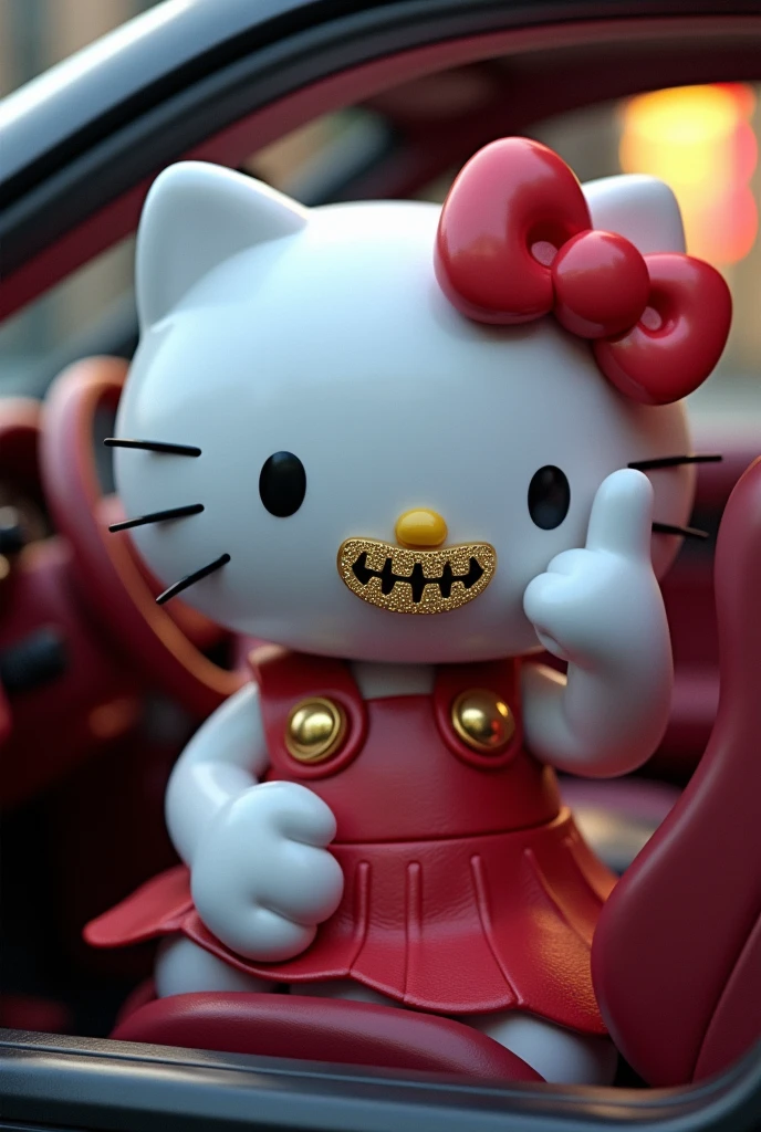 hello kitty smiling wearing shiney grills inside a car showing middle finger 