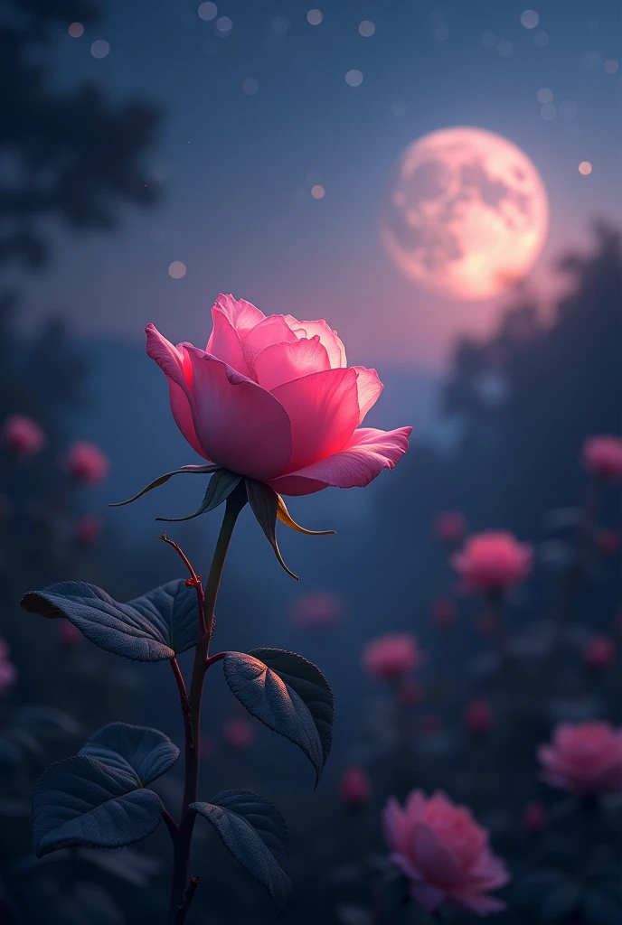 pink rose at the night and the moon is falling in bacground