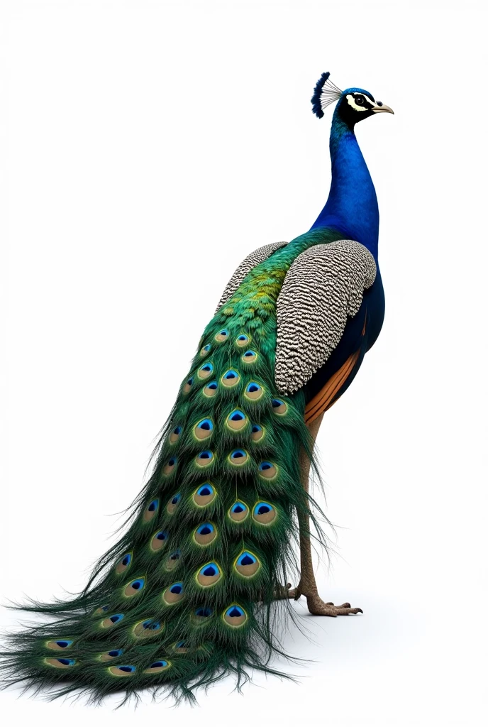 A hyper-realistic image of a majestic peacock standing gracefully with its vibrant, iridescent tail feathers fully fanned out, displaying a spectrum of brilliant blues, greens, and golds. The peacock is positioned against a pure, completely white background, ensuring that the intricate details of its feathers and the regal posture of the bird are the central focus. The scene is minimalistic, with no distractions, highlighting the stunning beauty of the peacock in a full-body shot captured from a horizontal perspective at eye level.