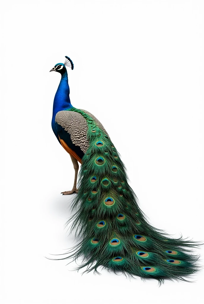A hyper-realistic image of a majestic peacock standing gracefully with its vibrant, iridescent tail feathers fully fanned out, displaying a spectrum of brilliant blues, greens, and golds. The peacock is positioned against a pure, completely white background, ensuring that the intricate details of its feathers and the regal posture of the bird are the central focus. The scene is minimalistic, with no distractions, highlighting the stunning beauty of the peacock in a full-body shot captured from a horizontal perspective at eye level.