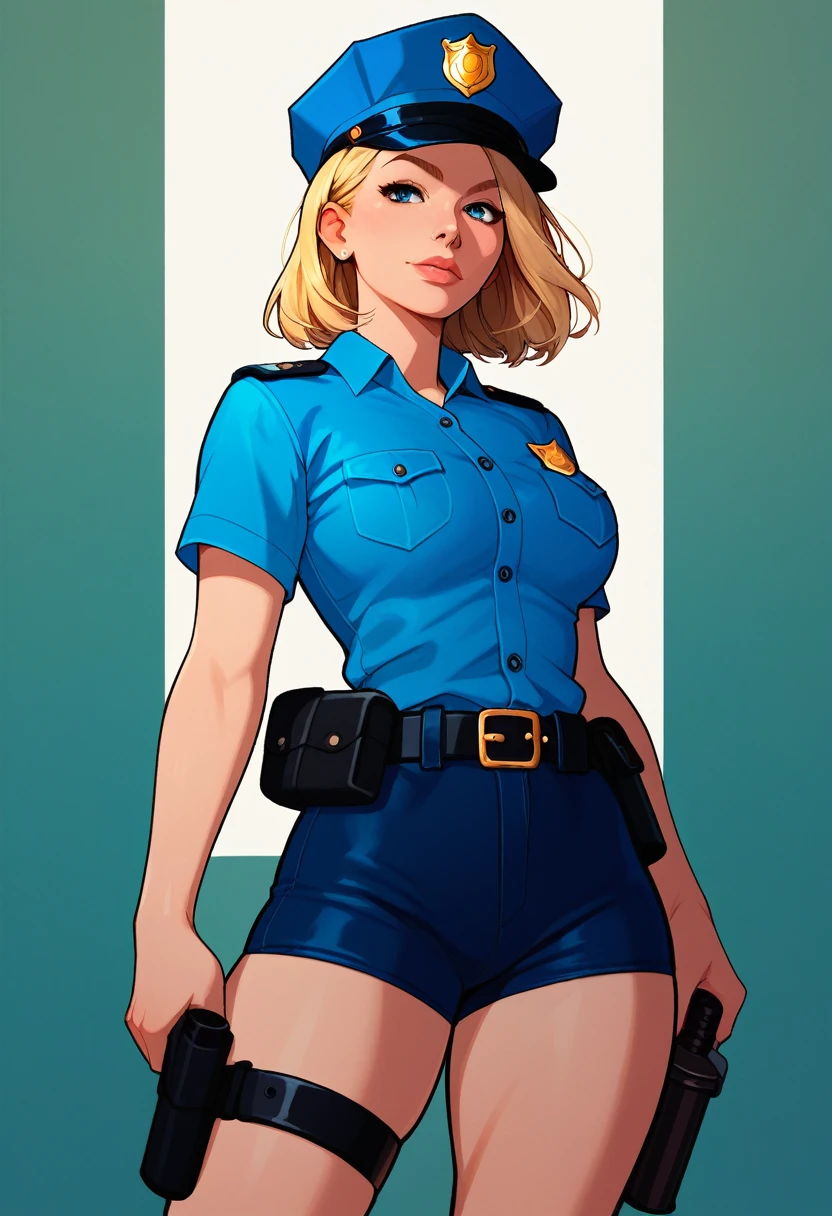 score_5_up,score_6_up,score_7_up,
1girl, solo, wearing (police uniform, police cap, shorts, belt, holster), medium hair, blonde hair