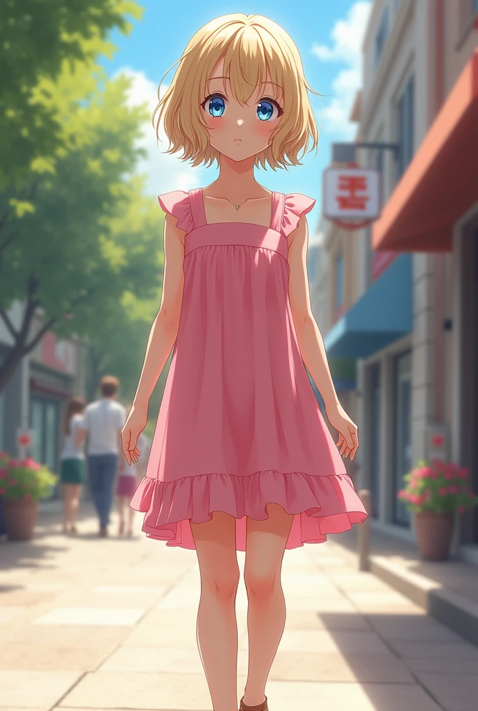 Levely, a girl, blonde, short hair
neck height, tall blue eyes, wears a pink dress with shoulder straps walking down the street with sandals, full body, frontal view, Close-up, realistic