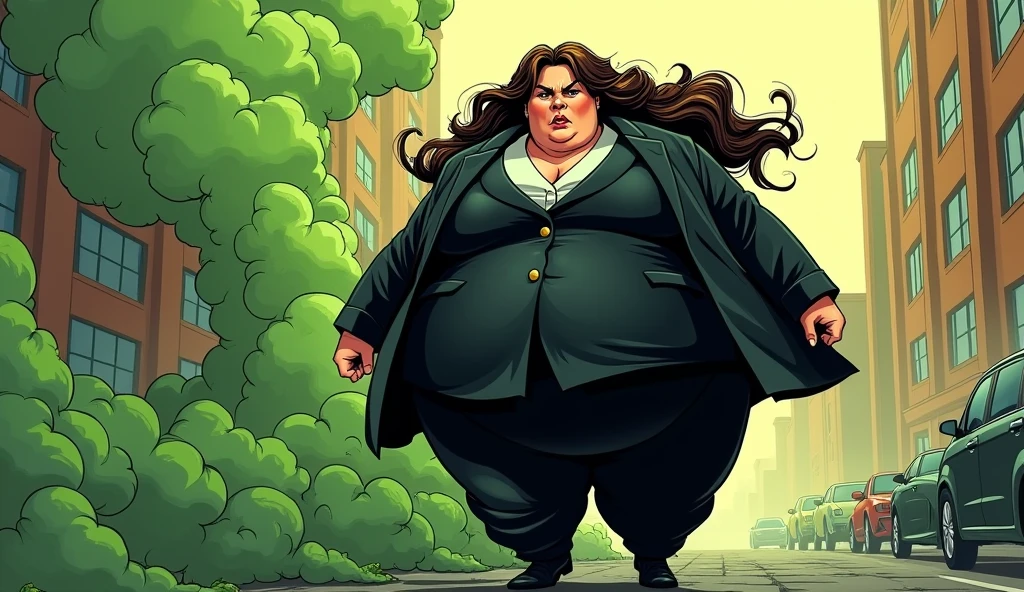 beautiful long haired morbidly obese female mob boss, her outfit is a black mobster suit, she is farting and a smelly olive green gas cloud comes out of her butt, comic artstyle