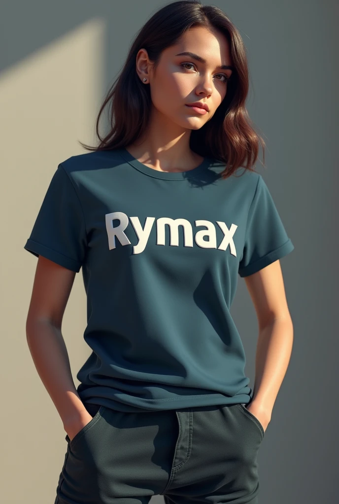 Réalise moi un logo 3D du nom RYMAX . Mets ça sur un t-shirt porter par une personne 