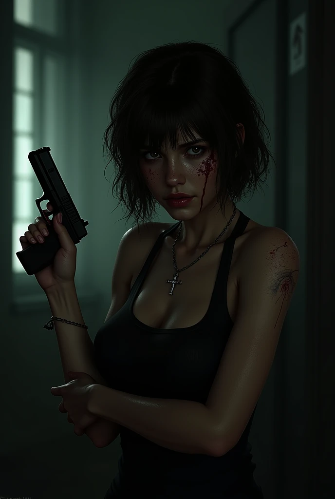 Resident evil version: pitch black in a dimly lit office with a short curly haired, lowrise, many freckles on her face, holding a pistol, the bloodstained cheek, wearing a tank top and a necklace with a cross as a pendant. scared.