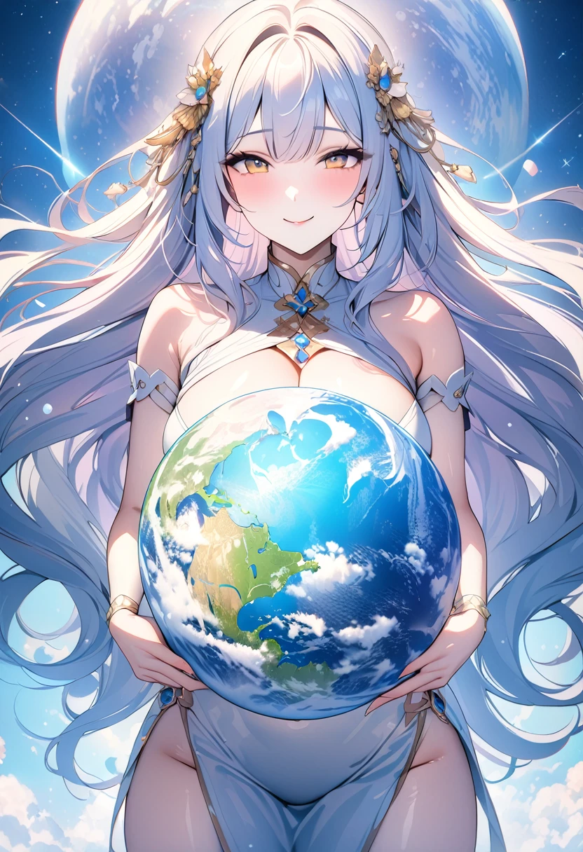 (((Highest quality, 8k, masterpiece: 1.3)), \(One woman, Giant Goddess, Wearing a thin cloth, Shiny Hair, smile, Holding the Earth in My Heart:1.5, universe space\)