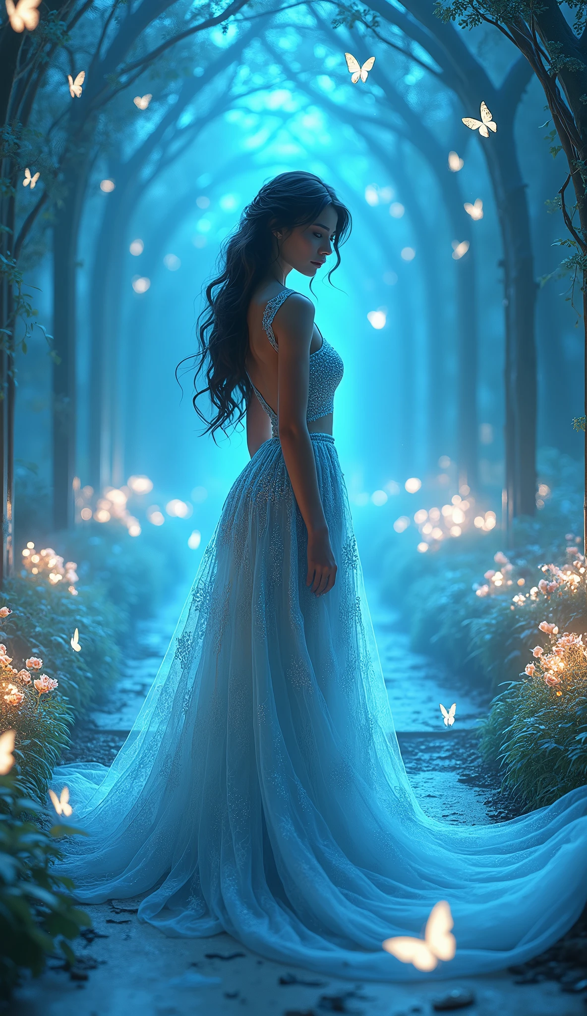 A fantasy woman in a glowing light blue lace dress in a m as gical tunnel that is clear glass, she can see glowing flowers and butterflies through the tunnel glass, fantasy, beautiful, realistic, photoreal, finely detailed 