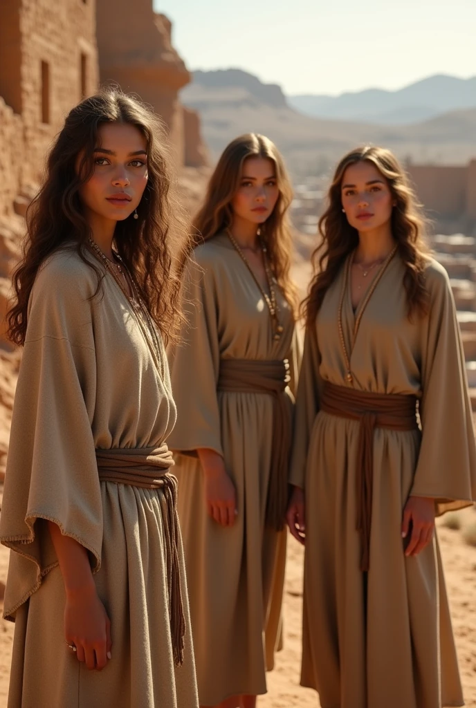 Generate realistic images of 2 young women and 1 adult woman in coarse tunics in the city of Moab that are based on the story of Ruth. All characters must be good-looking.
