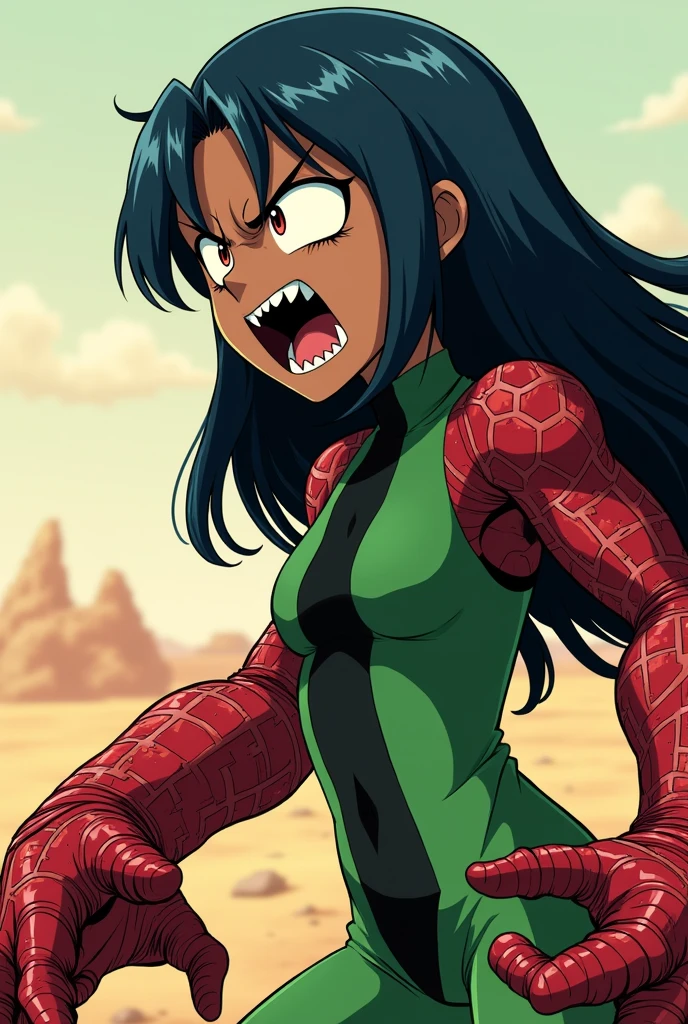 A dark skinned girl, long dark blue hair, Red eyes, prominent fangs wearing a green bodysuit with a black vertical stripe, Angry, His right arm is a red dinosaur claw,profile angle, light sand field background , anime comic style Boku no hero academia