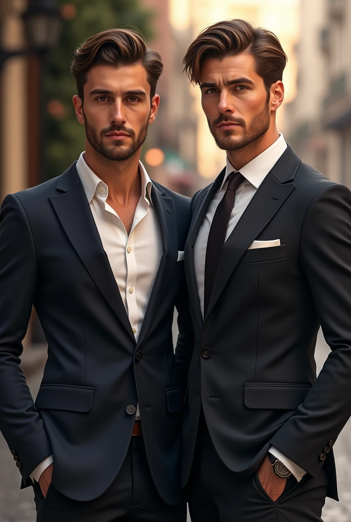 2 man of Italian descent, Brown hair ,clear skin, Without beard