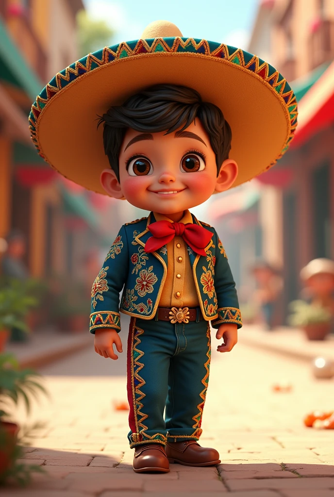 Generate a cute child who is dressed as a mariachi and in the image the name appears: Esteban