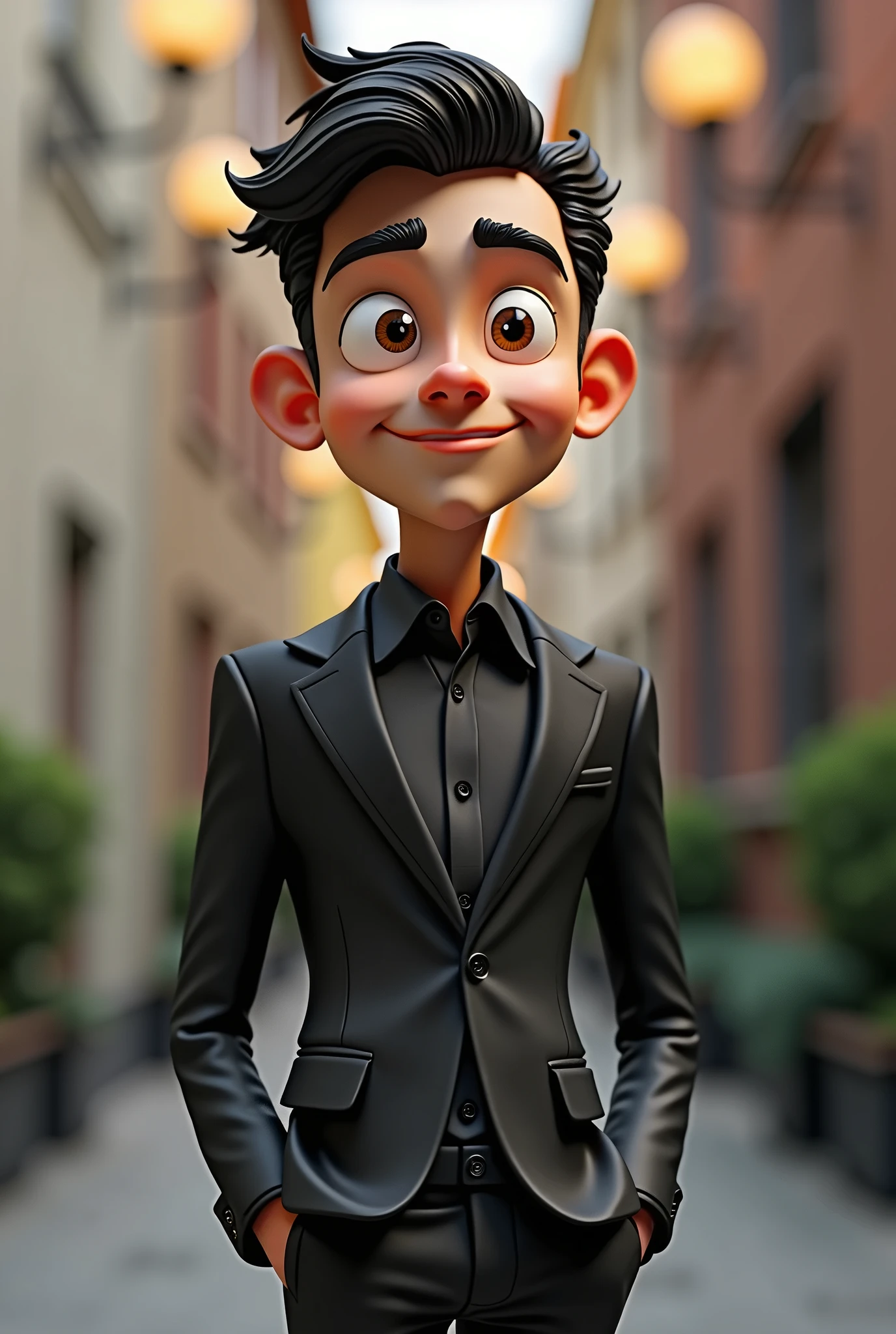 Skinny man cartoon character, in a black suit and shirt, animation character, stylized character, animation style rendering, 3d stylized, Arnold Maya rendering, Stylized 3D rendering, toon render screenshot, 3d character, 3d character, Stylized 3D rendering, 3D character rendering, cartoon character, Personagem de close up, character posing, (Pixar-style) (master part:1.2) (bokeh) (best qualityer) (Skinned